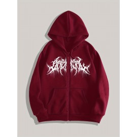 Men's Gothic Thorns Graphic Hoodie - Fall/Winter Casual Knit Fabric Zip-Up Hooded Sweatshirt with Geometric Pattern - 100% Polyester Slight Stretch Regular Fit