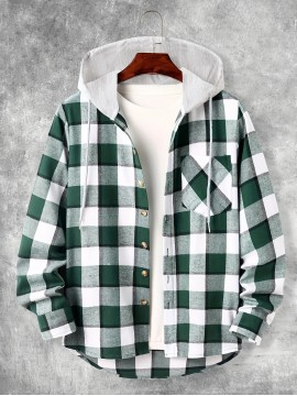 Fashionable And Versatile Men's College Style Casual Plaid Hoodies Button Drawstring Shirt Jacket, Suitable For Outdoor